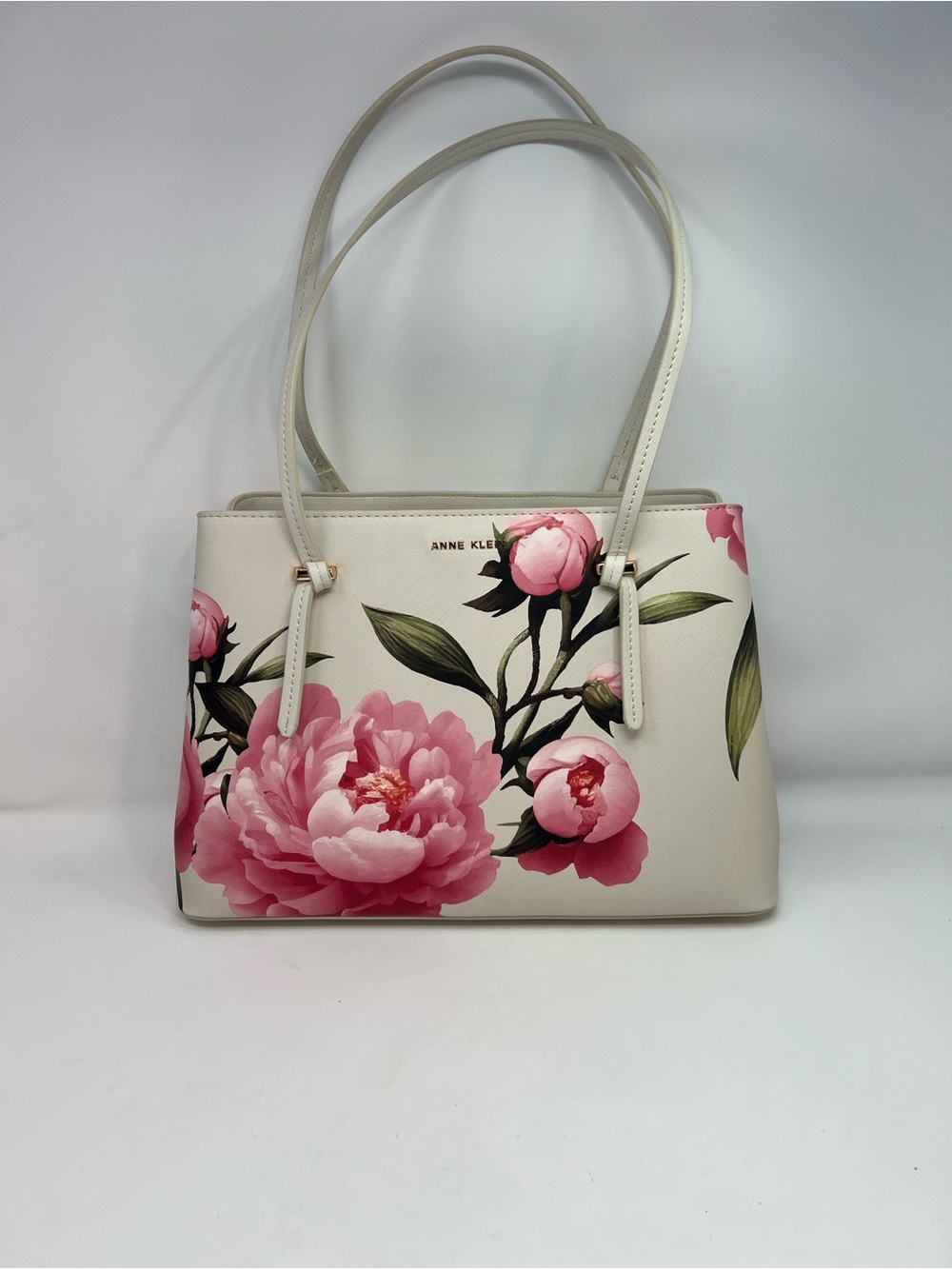 Elegant Anne Klein Floral Satchel Purse Tote Crème And Pink Peony Floral Print